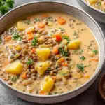 Vegetarian Lentil Soup in a rustic bowl with potatoes, carrots, and herbs in a creamy broth—hearty lentil potato soup for a cozy meal.