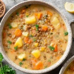 Vegetarian Lentil Soup with potatoes and carrots in a bowl, creamy broth topped with fresh herbs and lemon wedges.