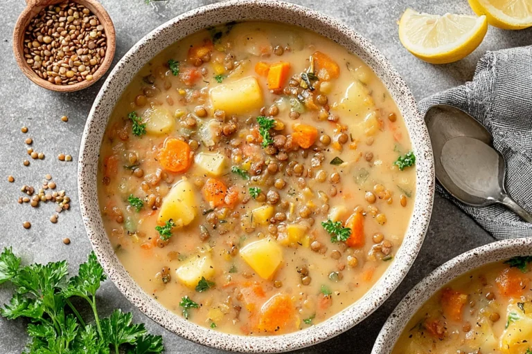 Vegetarian Lentil Soup with potatoes and carrots in a bowl, creamy broth topped with fresh herbs and lemon wedges.