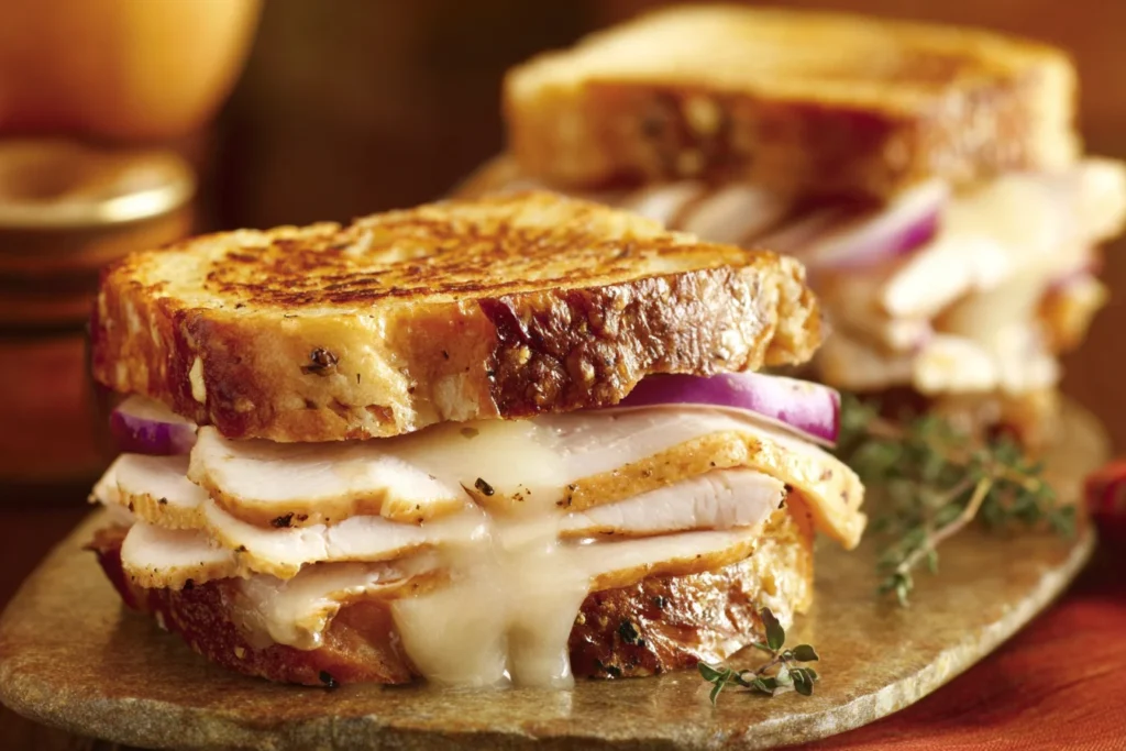 Turkey Dijon Melt Sandwiches on toasted bread with sliced turkey, melted Monterrey Jack cheese, and red onion