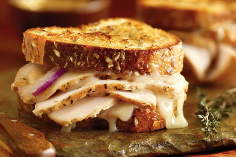 Turkey Dijon Melt Sandwiches with sliced turkey, melted Monterrey Jack, and red onion on crispy toasted multigrain bread