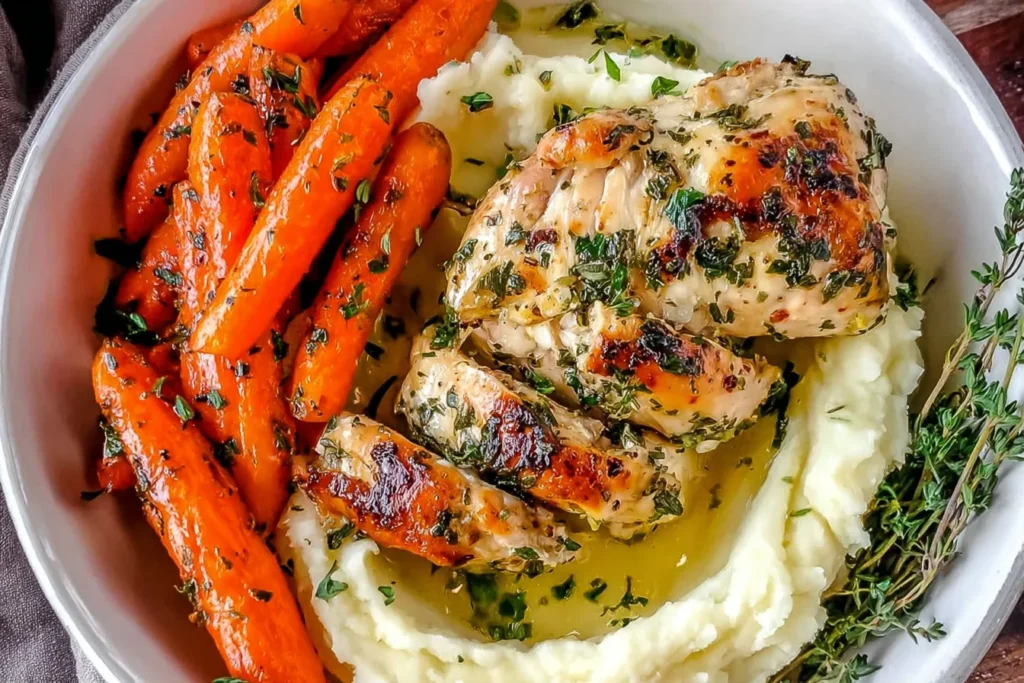 Chicken with Mashed Potatoes and Glazed Carrots in a white bowl with garlic herb chicken, creamy mashed potatoes, and glossy glazed carrots.