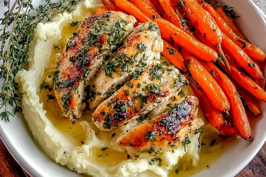 Chicken with Mashed Potatoes and Glazed Carrots plated with garlic herb chicken over creamy mashed potatoes, served with glossy roasted carrots.