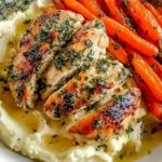 Chicken with Mashed Potatoes and Glazed Carrots plated with garlic herb chicken over creamy mashed potatoes, served with glossy roasted carrots.