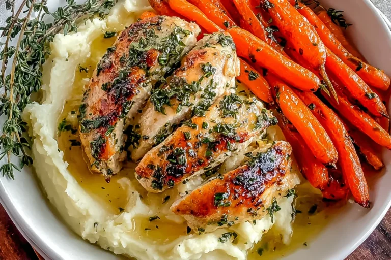 Chicken with Mashed Potatoes and Glazed Carrots plated with garlic herb chicken over creamy mashed potatoes, served with glossy roasted carrots.