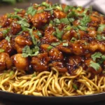 Sticky Garlic Chicken Noodles piled high with glossy honey-soy garlic chicken and fresh herb garnish on a bed of noodles.