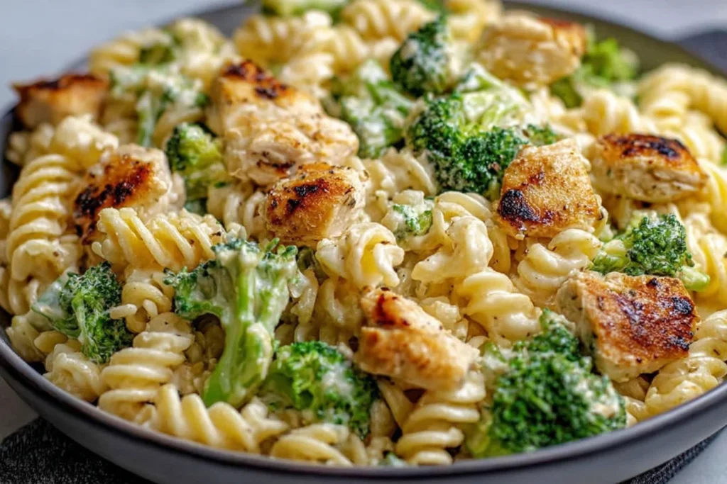 Rotisserie Chicken Broccoli Pasta served in a bowl with creamy cheese sauce, rotini pasta, tender chicken pieces, and bright broccoli.