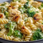 Rotisserie Chicken Broccoli Pasta served in a bowl with creamy cheese sauce, rotini pasta, tender chicken pieces, and bright broccoli.
