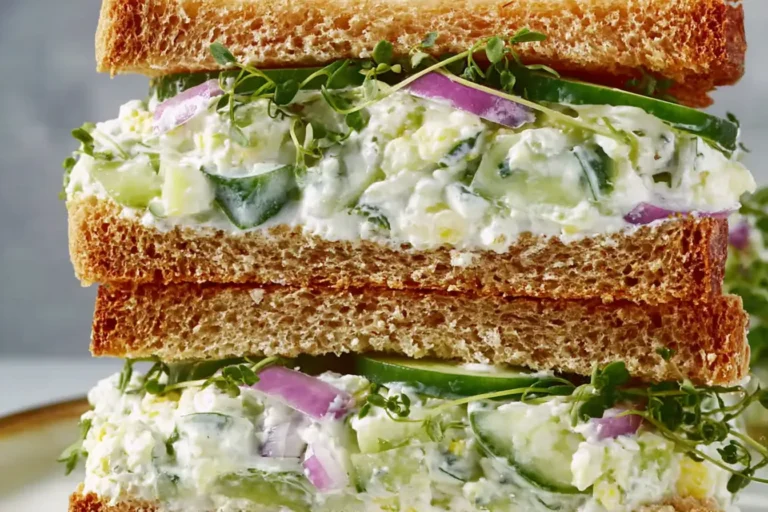 Cucumber Salad Sandwiches on whole-grain bread with creamy Greek yogurt, feta, fresh herbs, sprouts, and red onion slices.