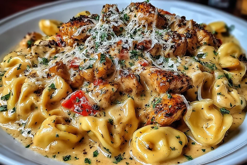 Cowboy Butter Garlic Chicken Tortellini served in a creamy cowboy butter garlic sauce with seared chicken bites, Parmesan, parsley, and fire-roasted red peppers.