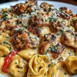 Cowboy Butter Garlic Chicken Tortellini in creamy garlic cowboy butter sauce with seared chicken, fire-roasted red peppers, parsley, and Parmesan.