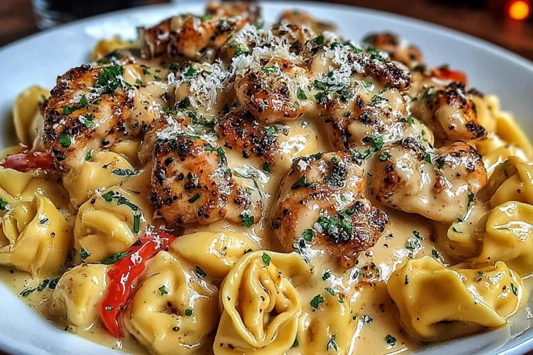 Cowboy Butter Garlic Chicken Tortellini in creamy garlic cowboy butter sauce with seared chicken, fire-roasted red peppers, parsley, and Parmesan.
