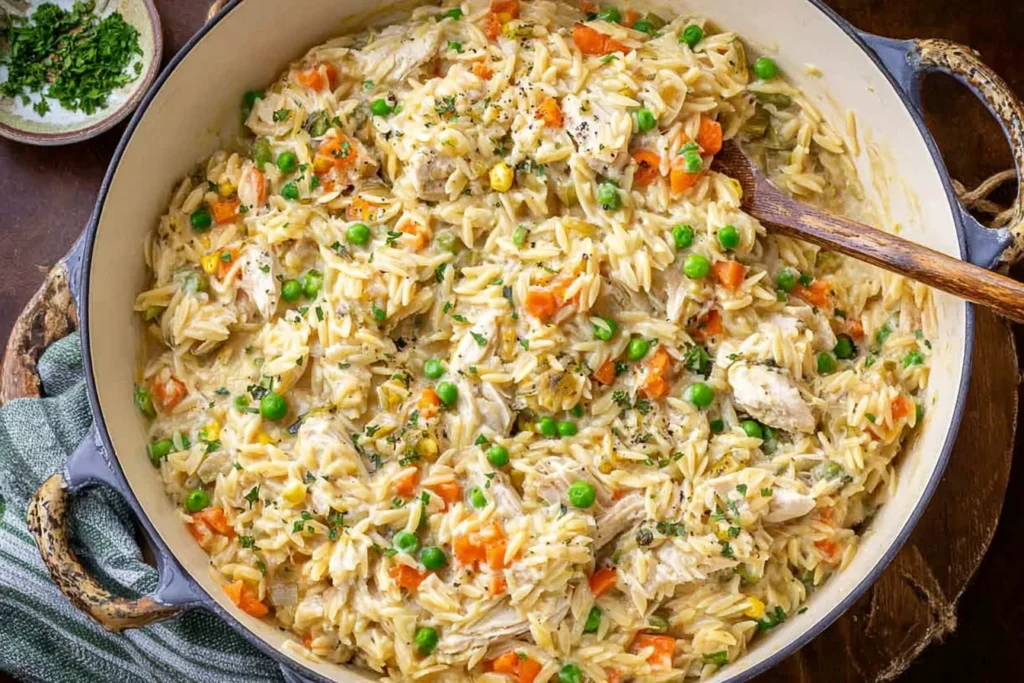 Chicken Pot Pie Orzo Recipe in a Dutch oven—creamy orzo with rotisserie chicken, peas, carrots, and herbs.