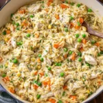 Chicken Pot Pie Orzo Recipe in a Dutch oven—creamy orzo with rotisserie chicken, peas, carrots, and herbs.