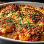High Protein Chicken Parmesan Casserole baked in a white dish with bubbly cheese, marinara, and a crispy golden breadcrumb crust topped with chopped parsley.