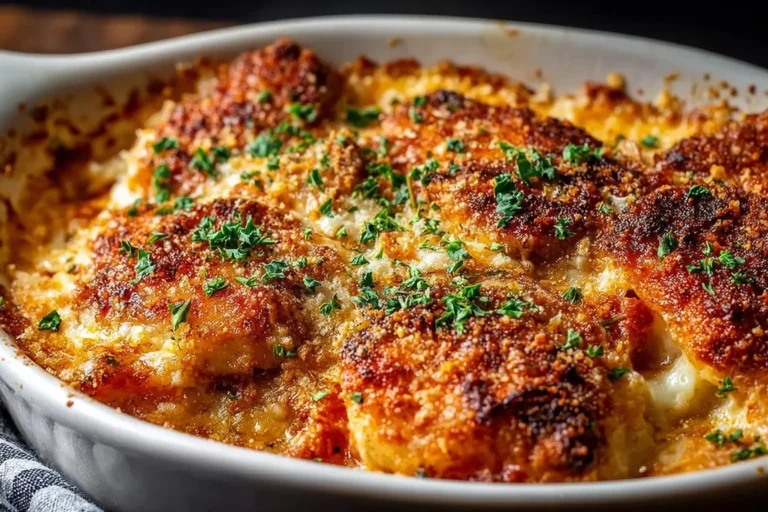 High Protein Chicken Parmesan Casserole baked in a white dish with bubbly cheese, marinara, and a crispy golden breadcrumb crust topped with chopped parsley.