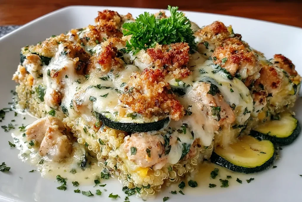 High Protein Chicken Zucchini Bake served on a white plate with quinoa, sliced zucchini, juicy chicken pieces, melted cheese, and a crispy golden topping.