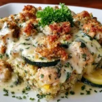 High Protein Chicken Zucchini Bake served on a white plate with quinoa, sliced zucchini, juicy chicken pieces, melted cheese, and a crispy golden topping.