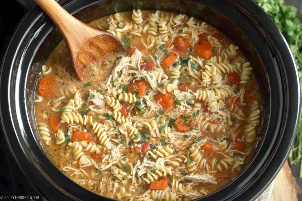 Crockpot Italian Chicken Soup in a slow cooker with shredded chicken, rotini pasta, carrots, tomatoes, and herbs.