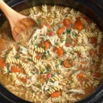 Crockpot Italian Chicken Soup in a slow cooker with shredded chicken, rotini pasta, carrots, tomatoes, and herbs.