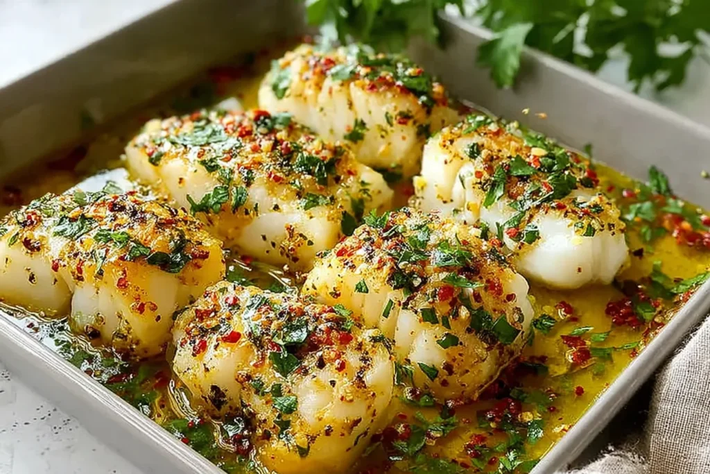 Gluten Free Mediterranean Baked Cod in a baking dish with lemon garlic sauce, parsley, and red pepper flakes.