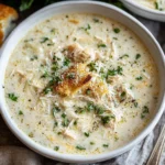 Creamy Garlic Parmesan Chicken Soup topped with shredded chicken, Parmesan, herbs, and a toasted crouton, served with crusty bread.