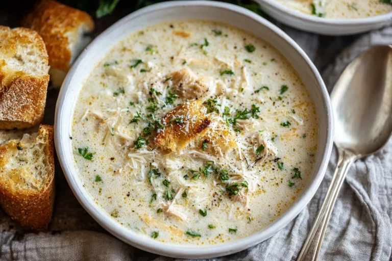 Creamy Garlic Parmesan Chicken Soup topped with shredded chicken, Parmesan, herbs, and a toasted crouton, served with crusty bread.