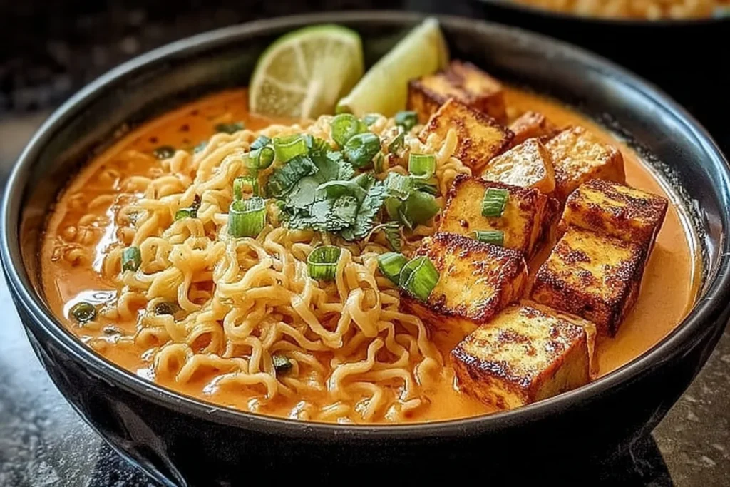 Creamy Coconut Curry Ramen with Tofu served in a black bowl with creamy coconut curry broth, ramen noodles, crispy tofu cubes, green onions, cilantro, and lime wedges.