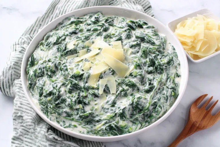 Morton’s Steakhouse Creamed Spinach in a white bowl, ultra-creamy spinach topped with shaved Parmesan cheese.