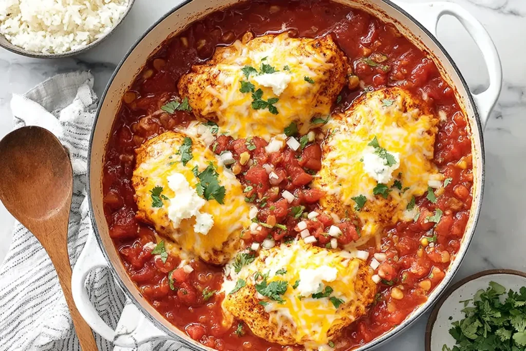 Salsa Chicken simmered in chunky salsa and beans, topped with melted cheese and fresh cilantro in a skillet for an easy weeknight dinner.