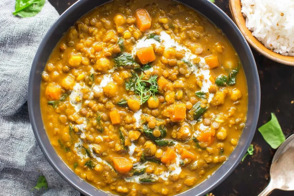 Pumpkin Curry with veggies, lentils, and chickpeas in a bowl, finished with a creamy coconut milk swirl and fresh herbs.