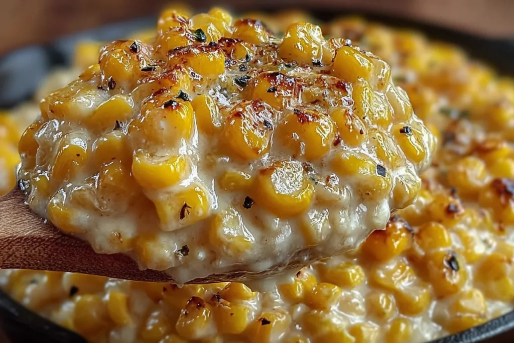 Creamy Honey Butter Skillet Corn piled on a wooden spoon, glossy creamy sauce with golden corn, caramelized bits, and cracked pepper.