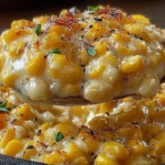 Creamy Honey Butter Skillet Corn in a cast-iron skillet, creamy golden corn with buttery glaze, herbs, and pepper on a wooden spoon.