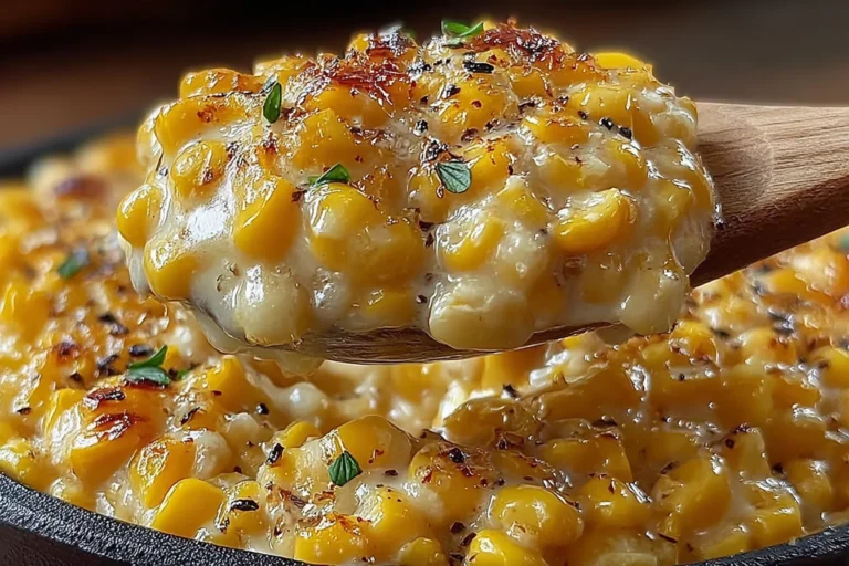 Creamy Honey Butter Skillet Corn in a cast-iron skillet, creamy golden corn with buttery glaze, herbs, and pepper on a wooden spoon.