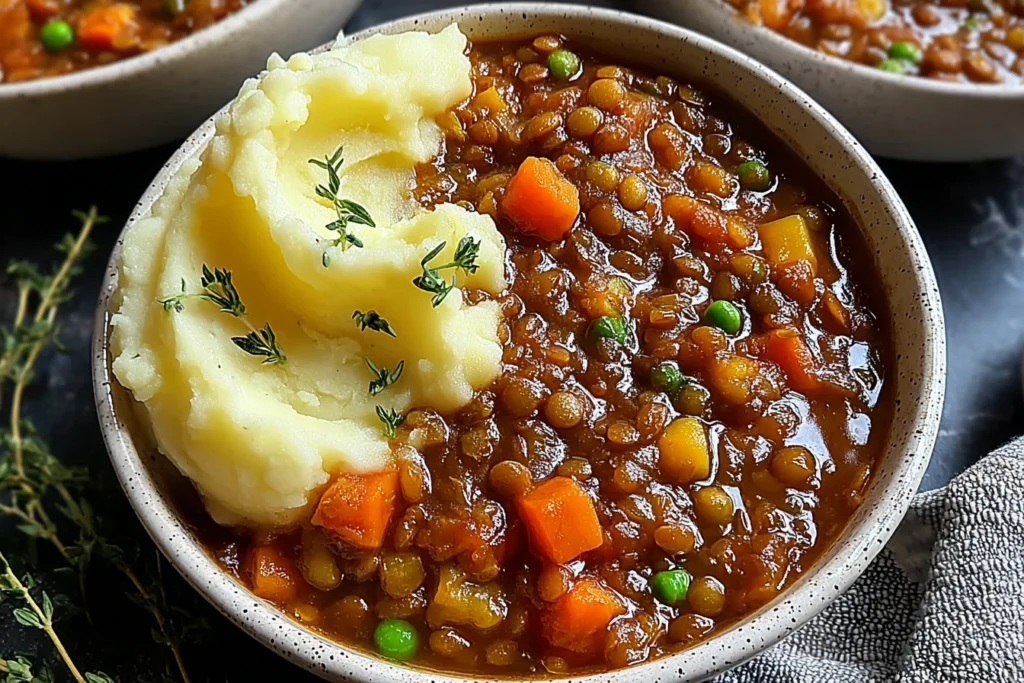 Close-up bowl of Lentil Stew with Creamy Mashed Potatoes with tender lentils, carrots, peas, and a fluffy mashed potato swirl topped with herbs.