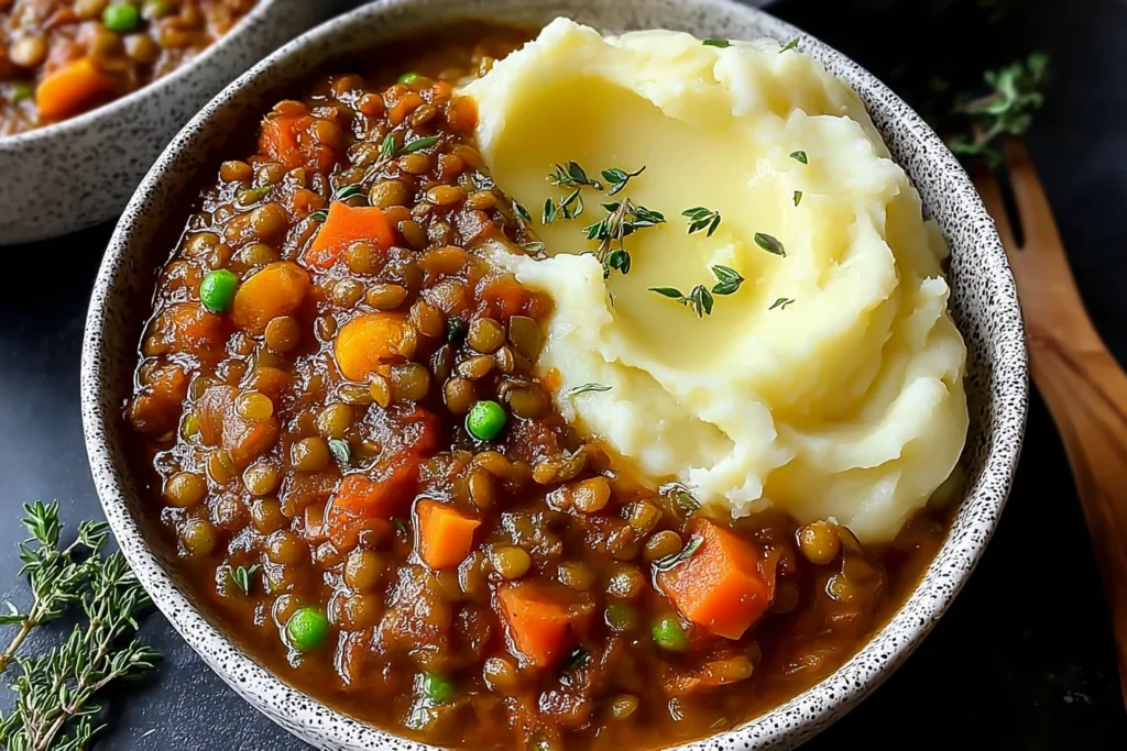 Hearty Lentil Stew with Creamy Mashed Potatoes served in a bowl with carrots, peas, and herbs for a cozy comfort-food dinner.