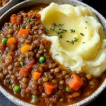 Hearty Lentil Stew with Creamy Mashed Potatoes served in a bowl with carrots, peas, and herbs for a cozy comfort-food dinner.