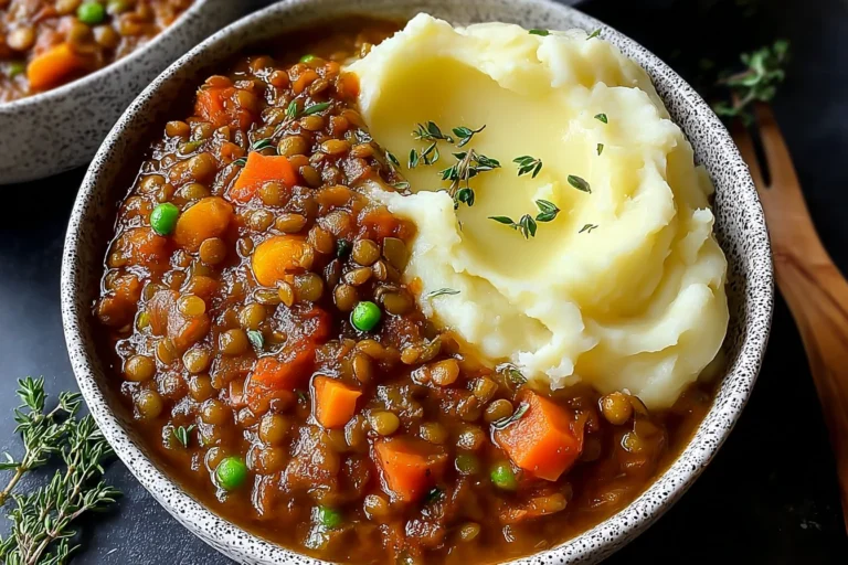 Hearty Lentil Stew with Creamy Mashed Potatoes served in a bowl with carrots, peas, and herbs for a cozy comfort-food dinner.