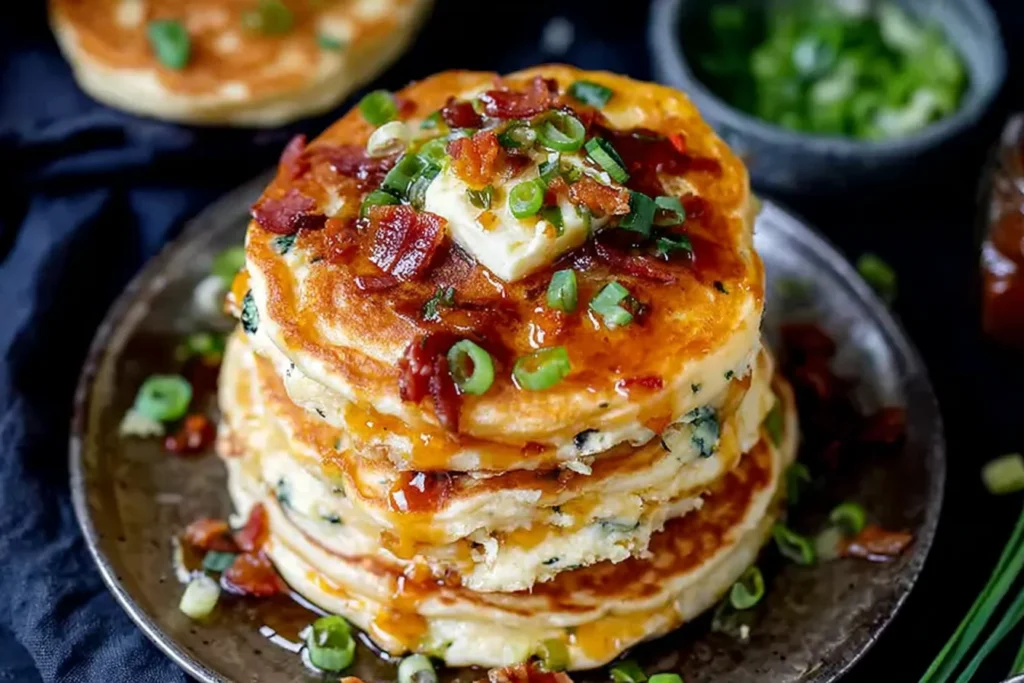 Dinner Pancakes with Chilli Butter stacked on a plate with crispy bacon pieces, scallions, a pat of chilli butter on top, and golden syrup dripping down the sides.