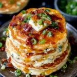 Dinner Pancakes with Chilli Butter stacked on a plate with crispy bacon pieces, scallions, a pat of chilli butter on top, and golden syrup dripping down the sides.