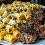 Garlic Butter Steak with Creamy Parmesan Rigatoni served on a white plate with juicy seared steak bites, creamy rigatoni pasta, and freshly grated Parmesan cheese.