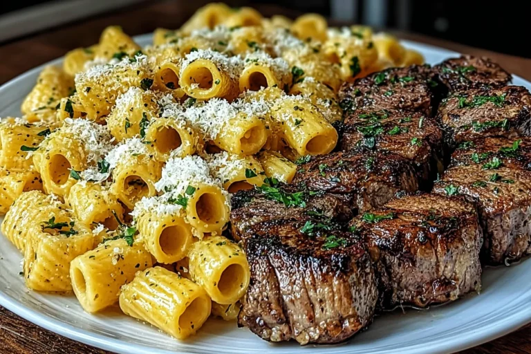 Garlic Butter Steak with Creamy Parmesan Rigatoni served on a white plate with juicy seared steak bites, creamy rigatoni pasta, and freshly grated Parmesan cheese.