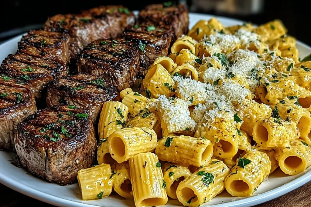 Garlic Butter Steak with Creamy Parmesan Rigatoni featuring perfectly seared steak medallions and rigatoni coated in a rich Parmesan cream sauce.