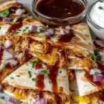Hot Honey BBQ Chicken Quesadillas stacked on a plate with melty cheese and shredded BBQ chicken, topped with red onion, cilantro, and extra BBQ drizzle.