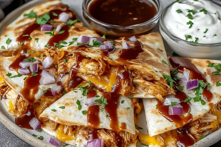 Hot Honey BBQ Chicken Quesadillas stacked on a plate with melty cheese and shredded BBQ chicken, topped with red onion, cilantro, and extra BBQ drizzle.