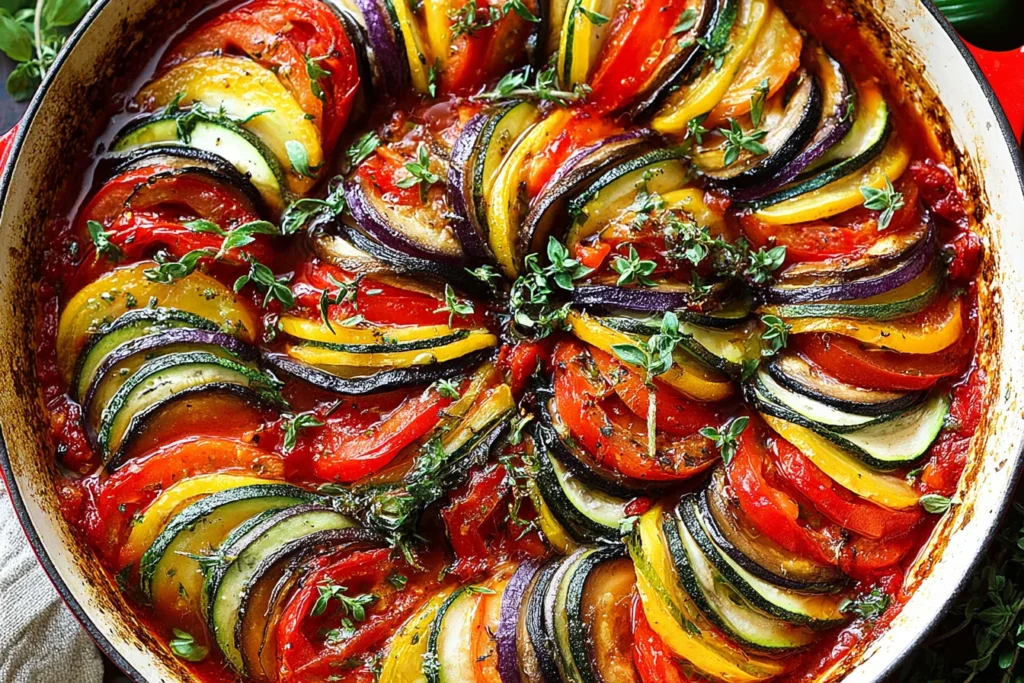 Homemade Classic French Ratatouille in a white baking dish with spiral layers of zucchini, eggplant, tomatoes, and yellow squash in rich tomato sauce.