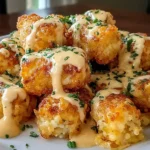 Cheddar Ranch Chicken Tater Tot Bake with crispy golden tater tots drizzled in creamy ranch cheese sauce and sprinkled with fresh herbs on a white plate.