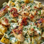 Creamy Pesto Chicken Pasta with rigatoni, juicy seared chicken, spinach, and a rich cheesy pesto cream sauce, topped with herbs and red pepper flakes.