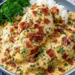 Crock Pot Crack Chicken served over white rice with creamy ranch cheddar sauce, crispy bacon pieces, and fresh parsley.