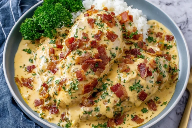 Crock Pot Crack Chicken served over white rice with creamy ranch cheddar sauce, crispy bacon pieces, and fresh parsley.